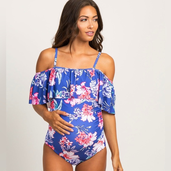 Pinkblush Other - PINKBLUSH Maternity One Piece Swimsuit Periwinkle Floral Ruffle Trim Ruched